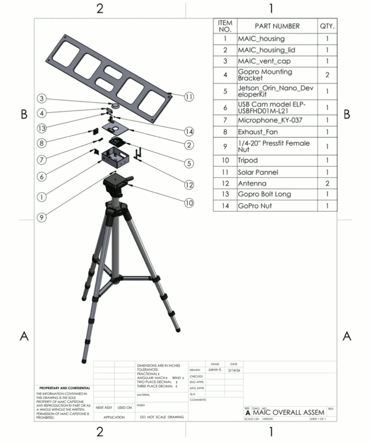 CAD assembly of the BioScope: a sensor housing mounted on a field tripod with labelled components