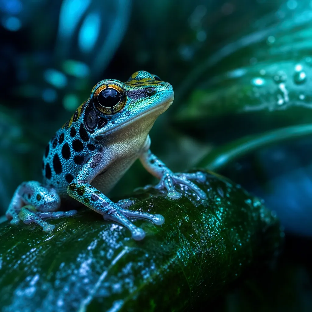 Colorful frog on a wet leaf in the jungle