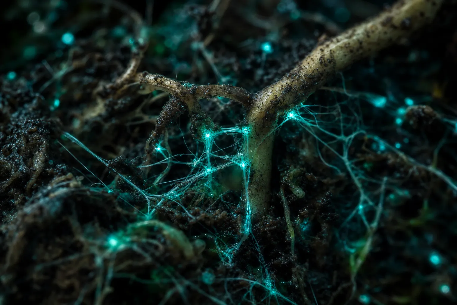 Intertwined roots and mycelium with teal glow