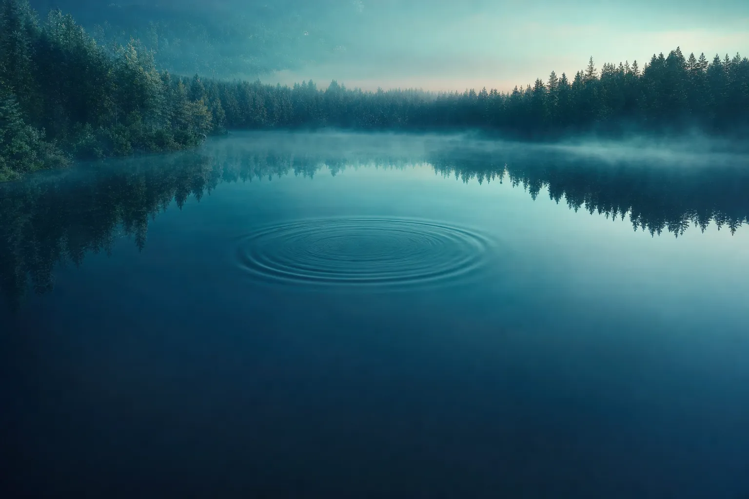 Still dark lake surface at dawn with a single ripple