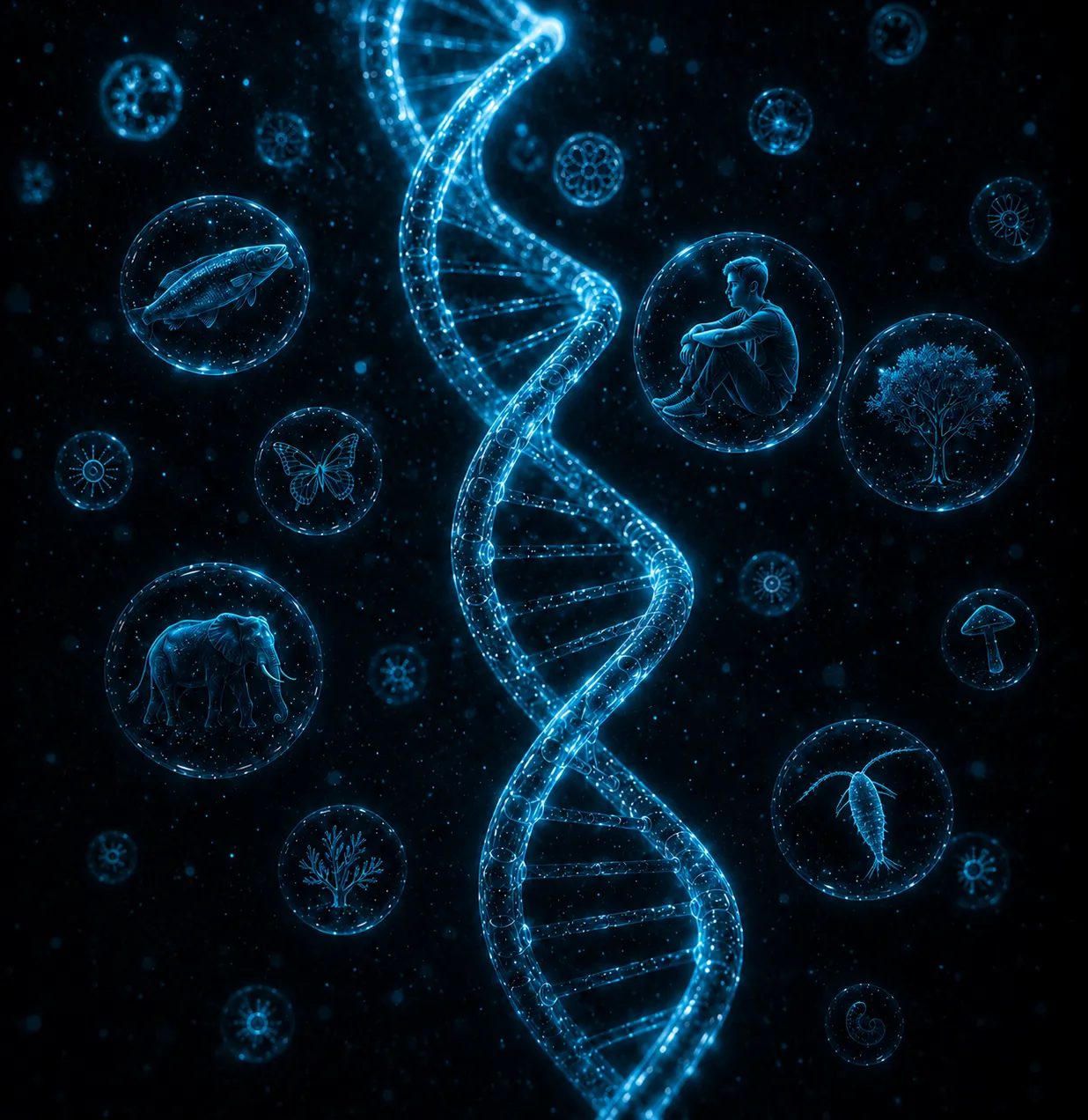 Glowing DNA helix submerged in dark water