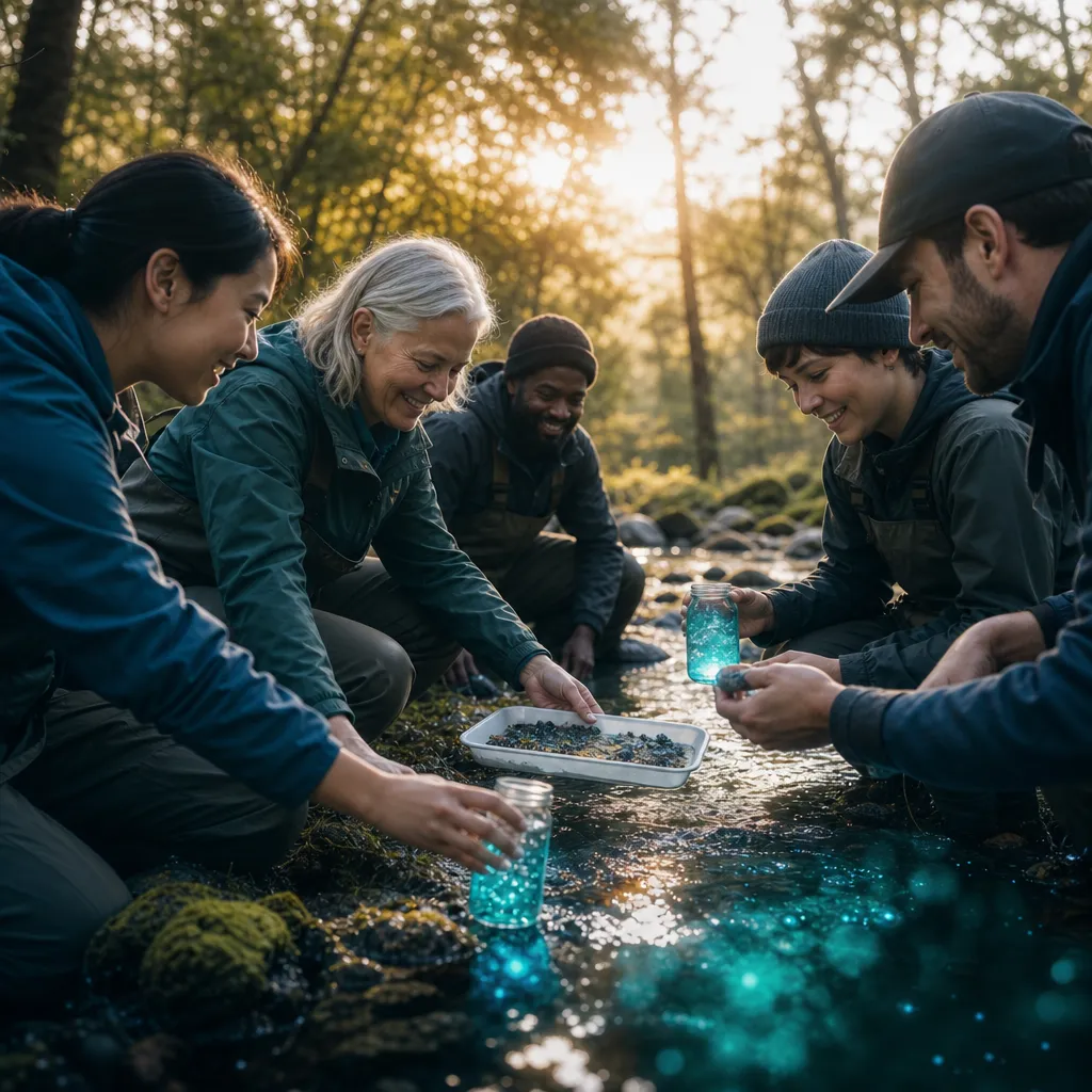 Local community group collecting samples by a river