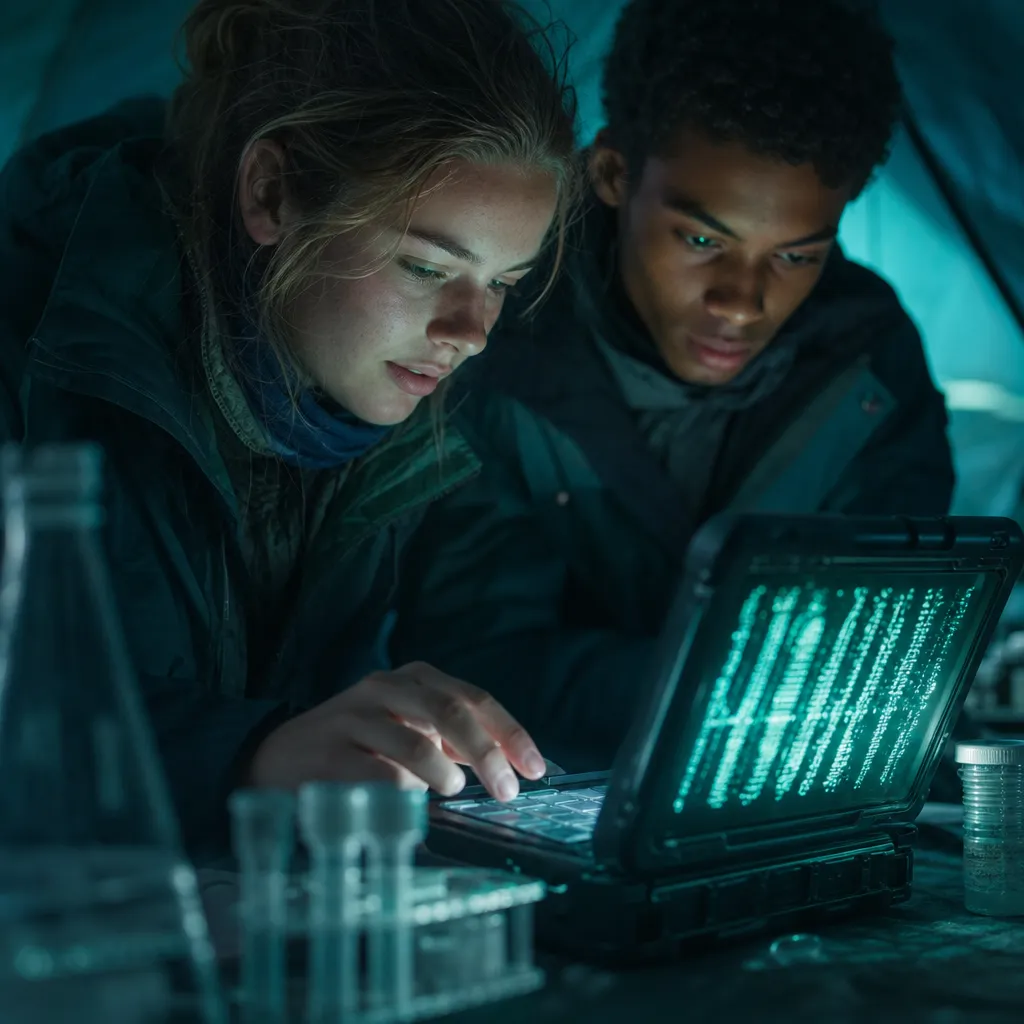 Two students watching a sequencer screen in a field tent