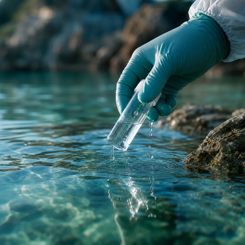 Gloved hand collecting a water sample in a vial