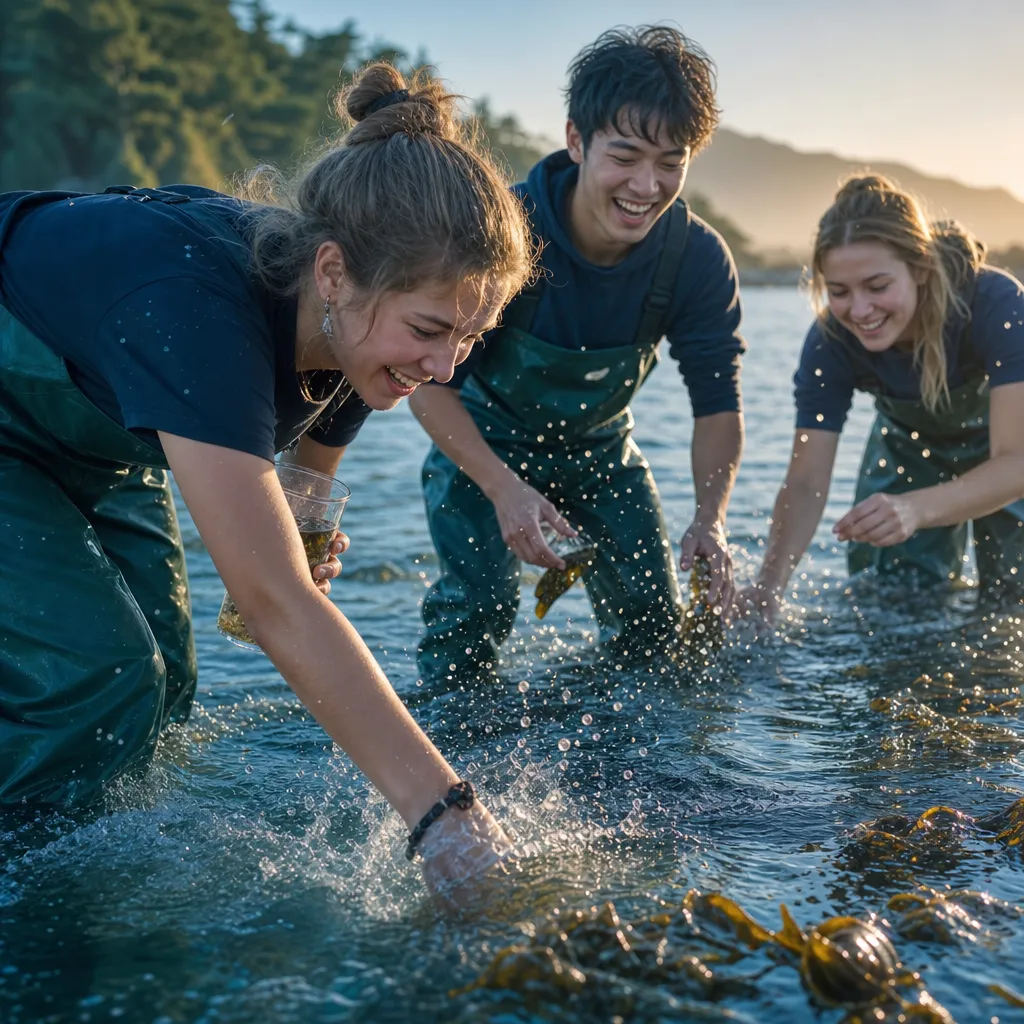 Students wading in coastal water collecting samples