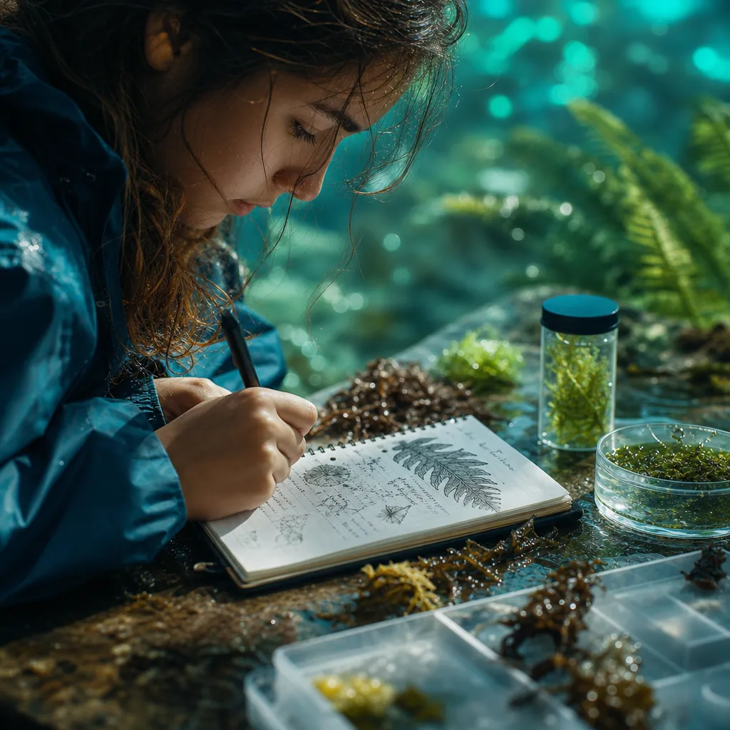 Student writing field notes beside samples