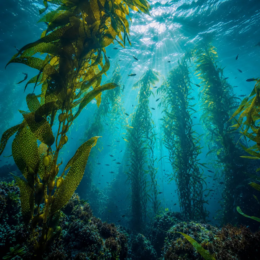 Sunlit underwater kelp forest