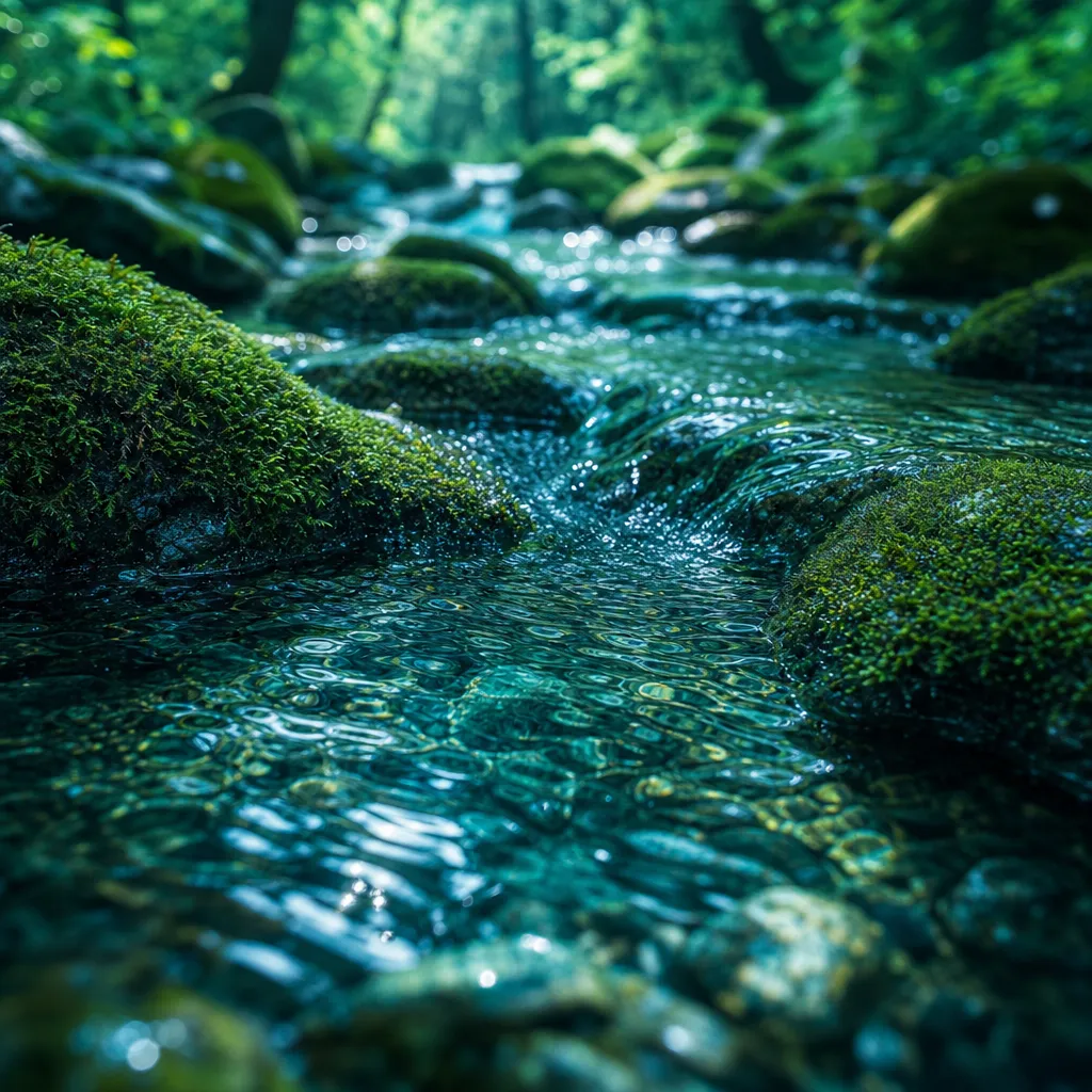 Clear freshwater stream over mossy stones