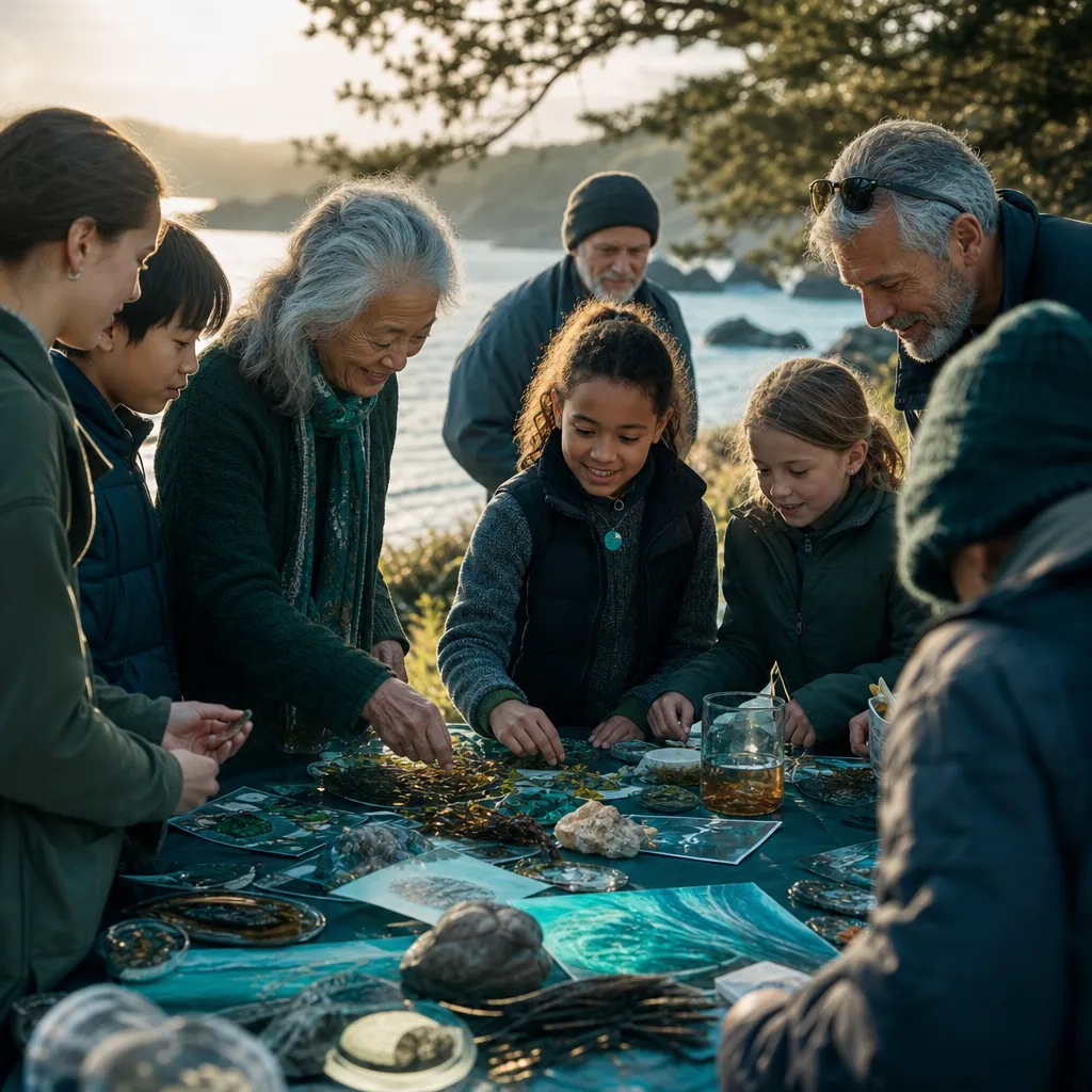 Community gathered around displayed samples and artwork