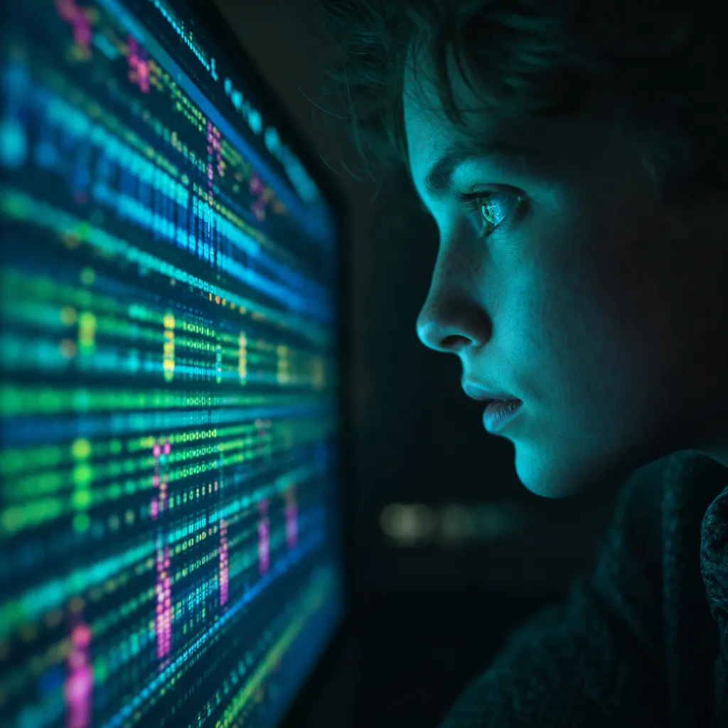 Teal screen glow on a focused student analyzing data