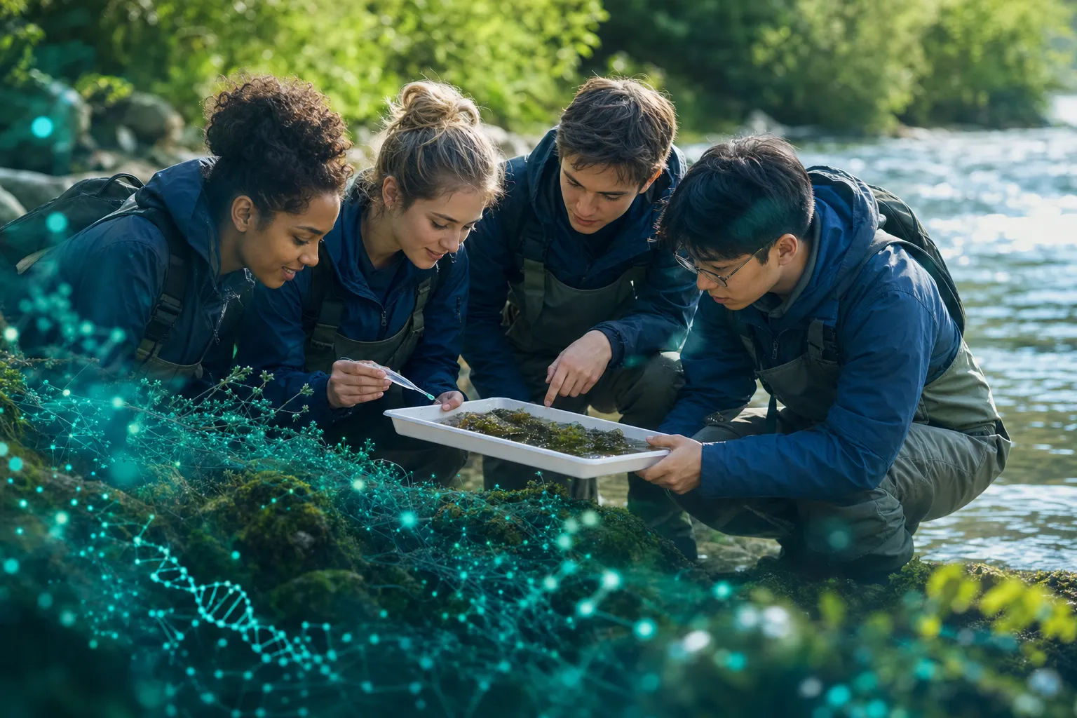Students examining samples by a riverbank