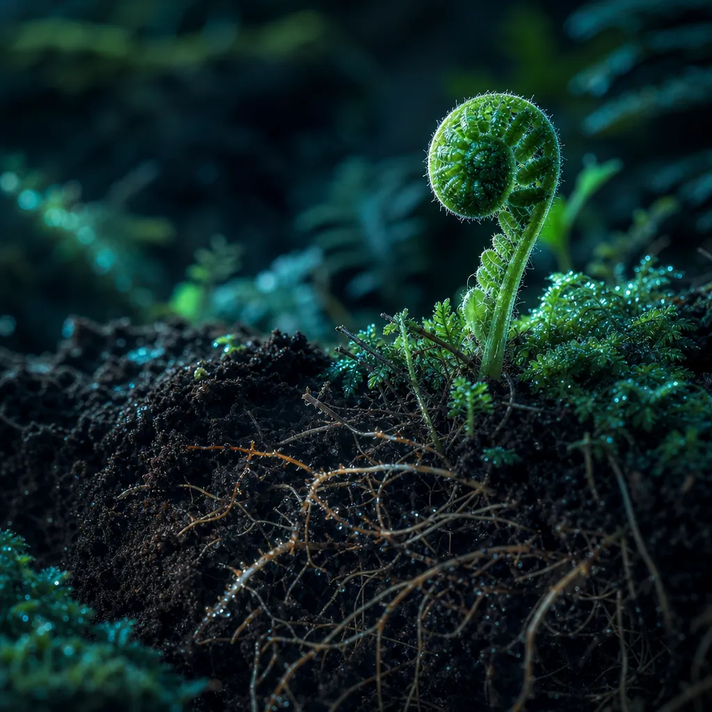 Forest soil with fine roots and unfurling fern