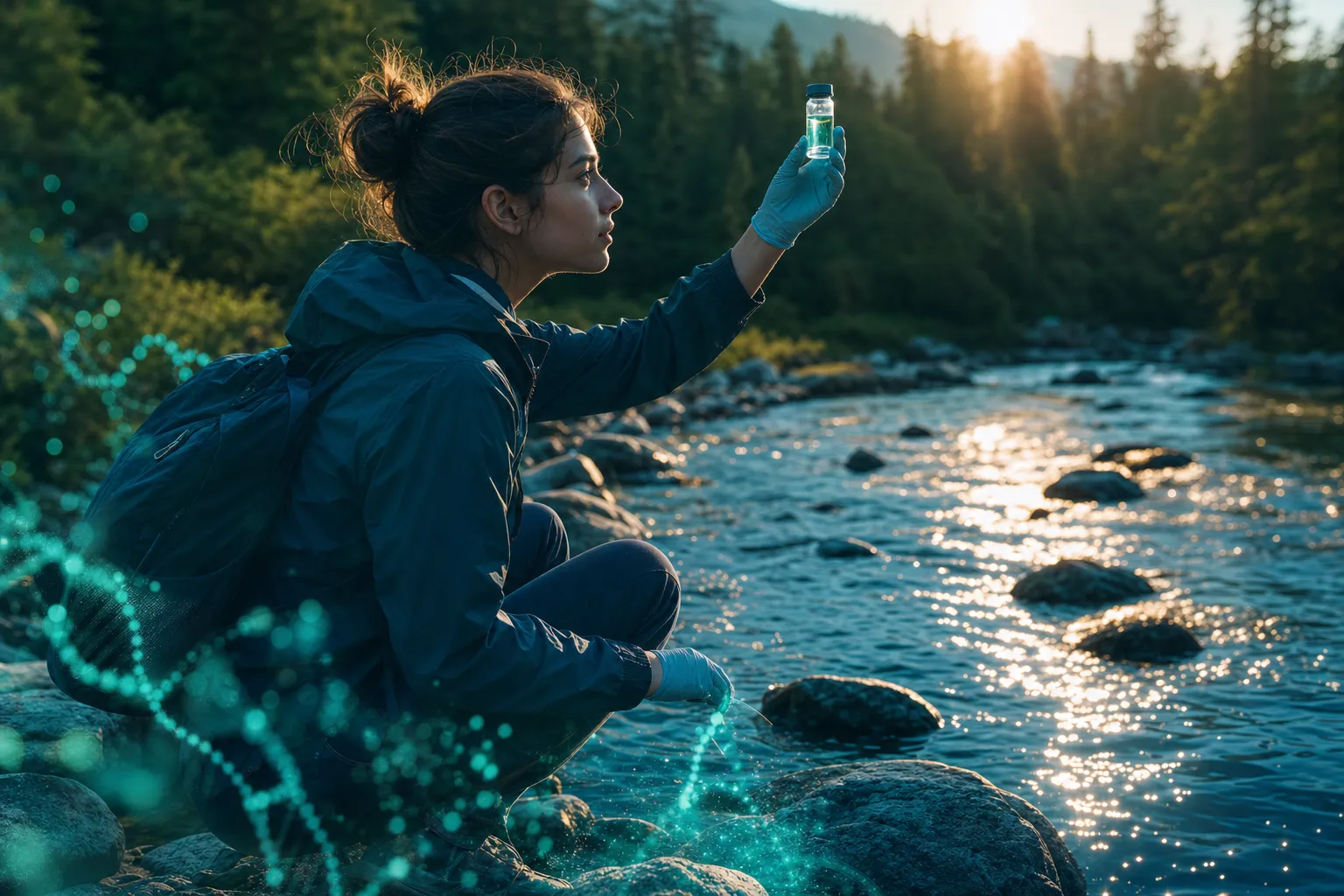 Student holding a sample vial to golden-hour light at a river